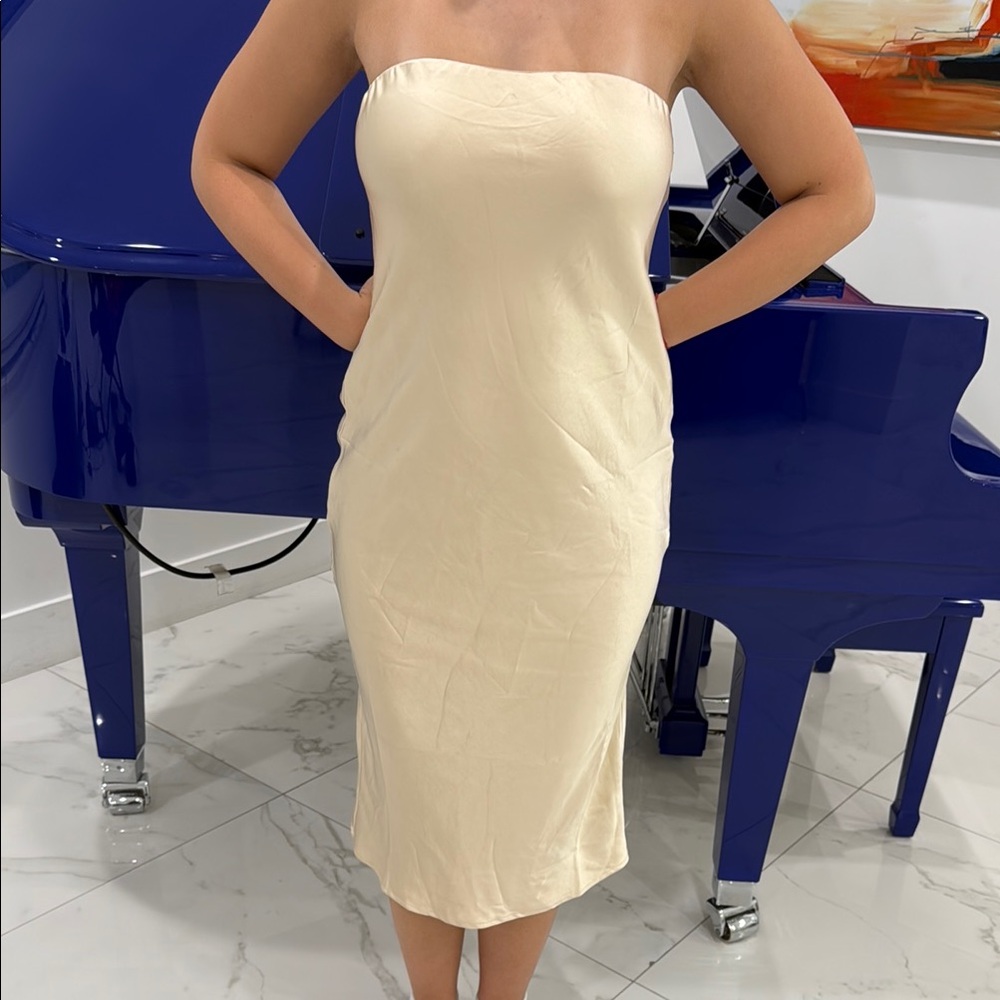 Meshki Cream Strapless Sheath Dress